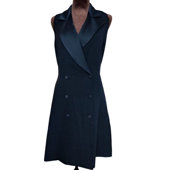 Anne Klein Black Double-Breasted Tuxedo  Dress with Satin Lapels Sz S - Picture 2 of 11